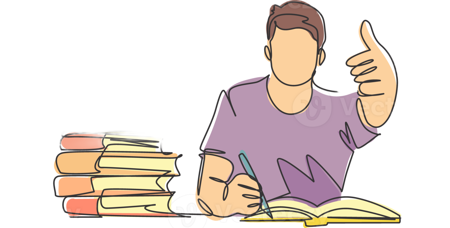 a man sitting at a table with books and pointing his finger up