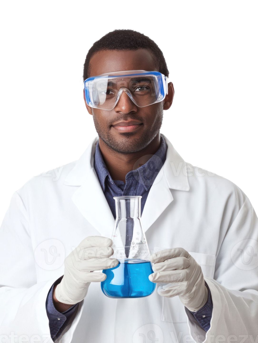 a man in a lab coat and goggles holding a test tube
