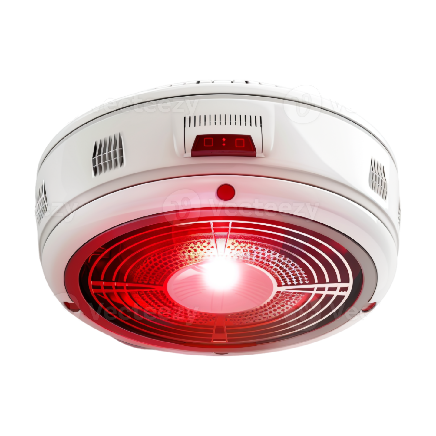 a white smoke detector with red light on it
