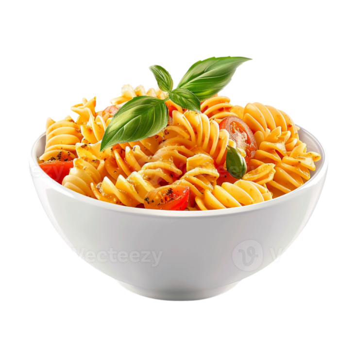 a bowl of pasta with tomatoes and basil leaves
