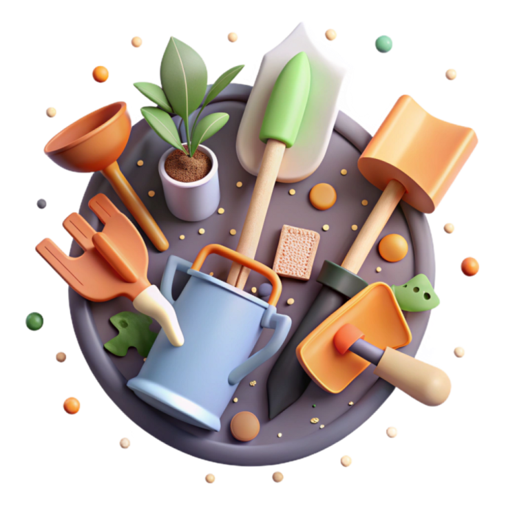 an illustration of gardening tools on a plate