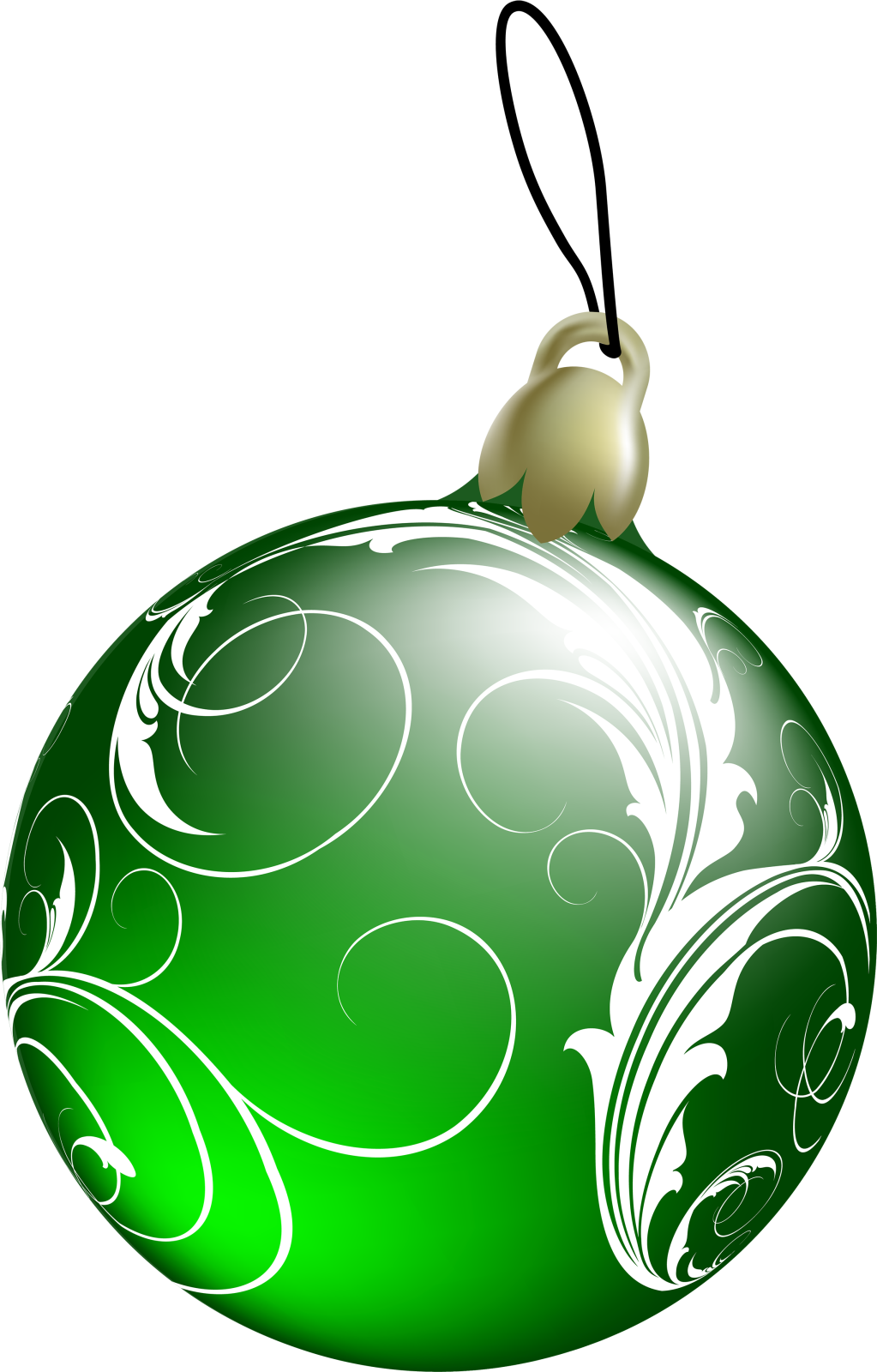 a green christmas ball with swirly designs on it