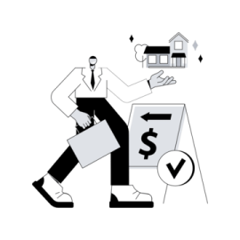 a man in a suit and tie carrying a box with a dollar sign