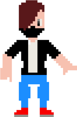a pixel art of a man with red hair and blue pants