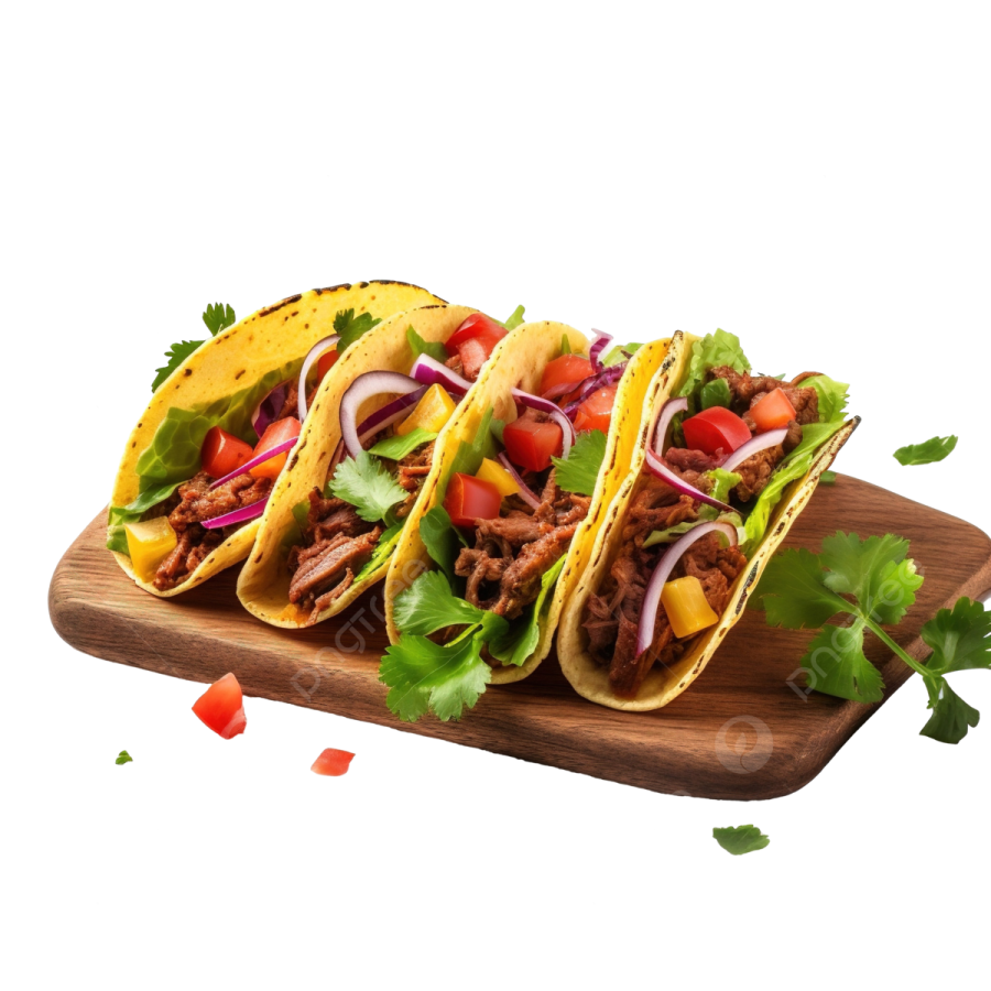 three taco beef tacoss on a wooden cutting board