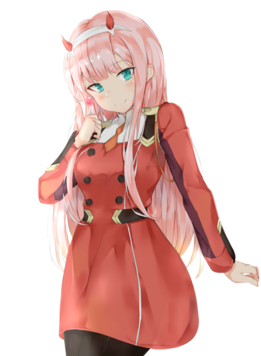 an anime girl in a red coat and black pants
