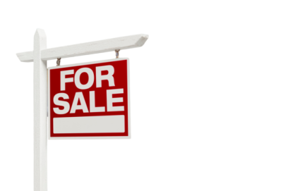 a red for sale sign on a white pole