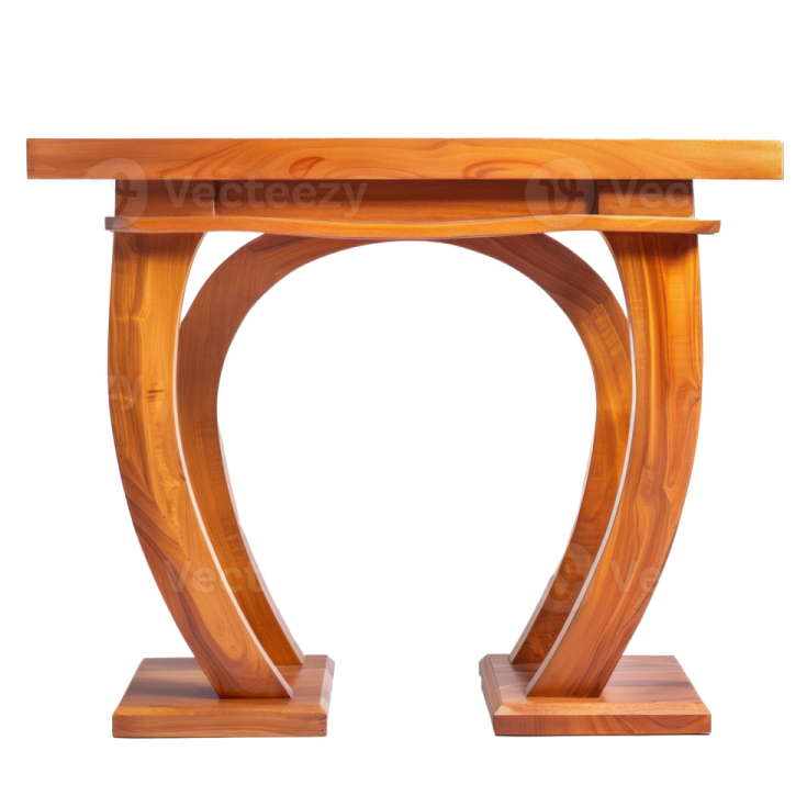 a wooden table with a curved base