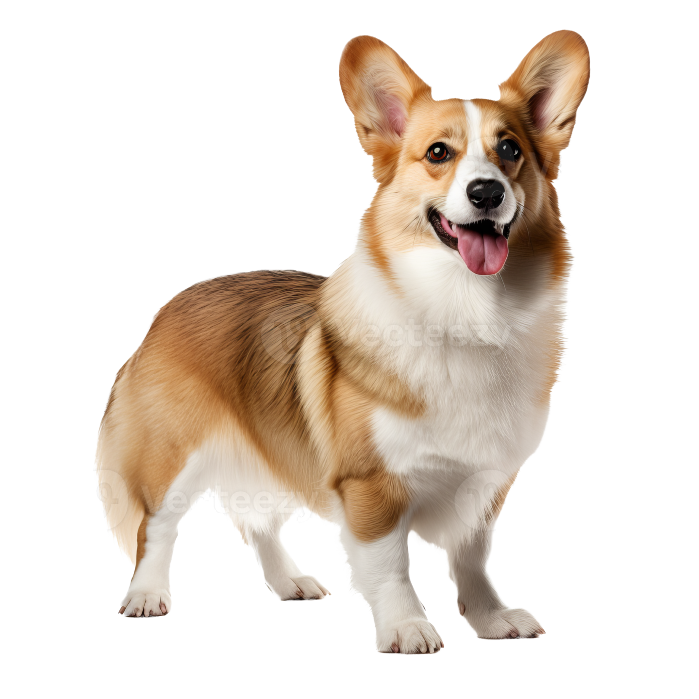 a brown and white dog standing on a white background