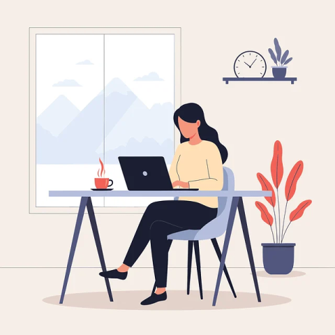 a woman sitting at her desk working on her laptop