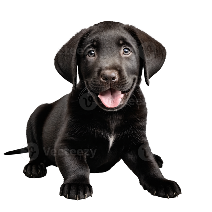 a black labrador puppy sitting down with its tongue out