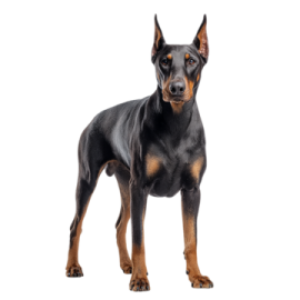 a black and brown dog standing on a white background