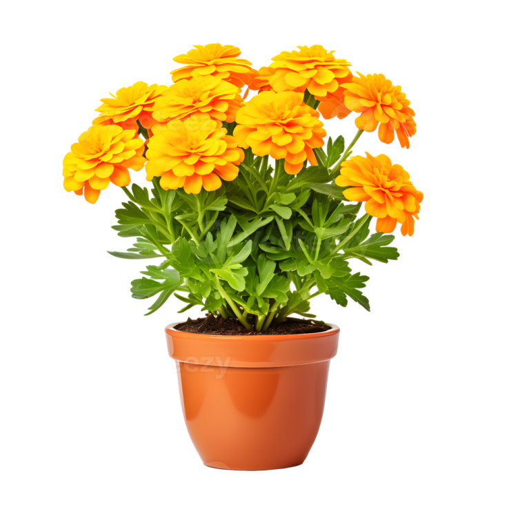 a pot of yellow flowers with green leaves