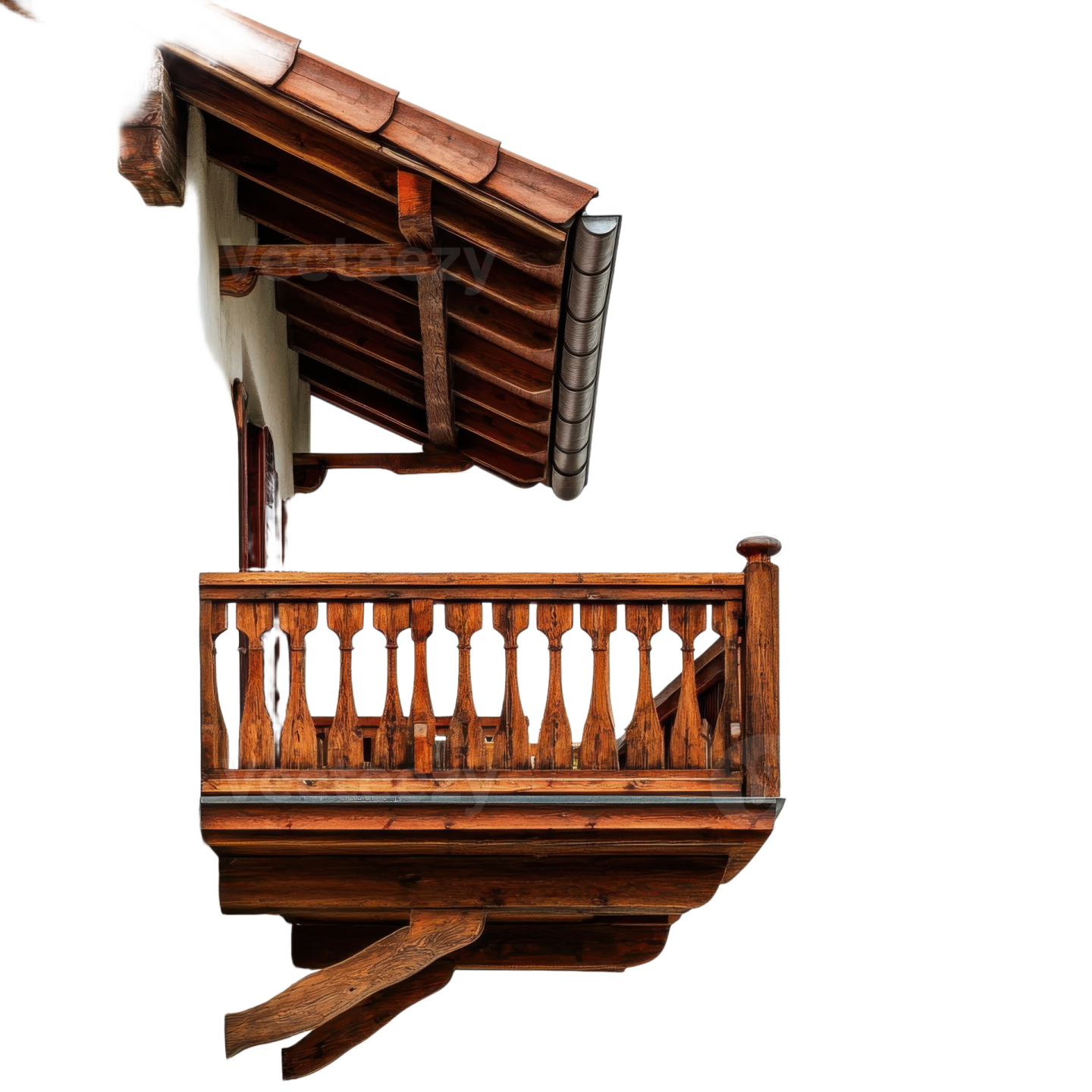 a balcony with wooden railings on a white wall