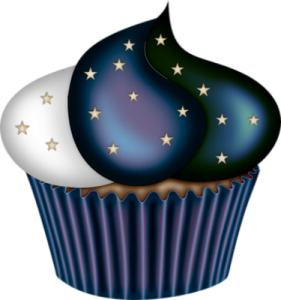 a cupcake with blue frosting and stars