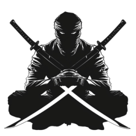 a ninja sitting on the ground with two swords in his hands