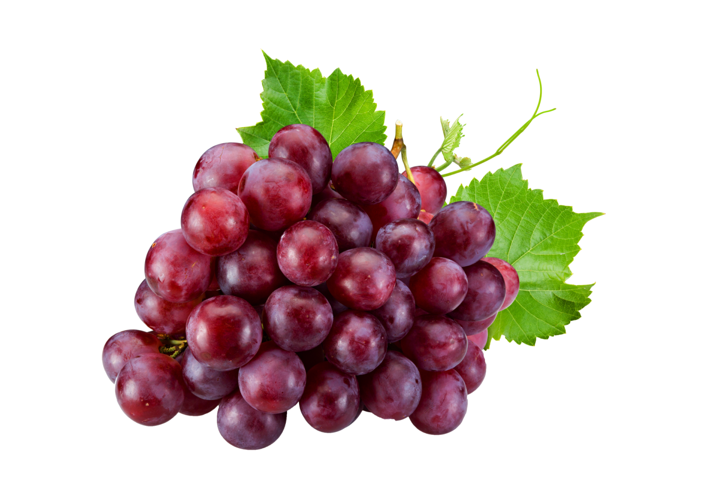 a bunch of red grapes with green leaves