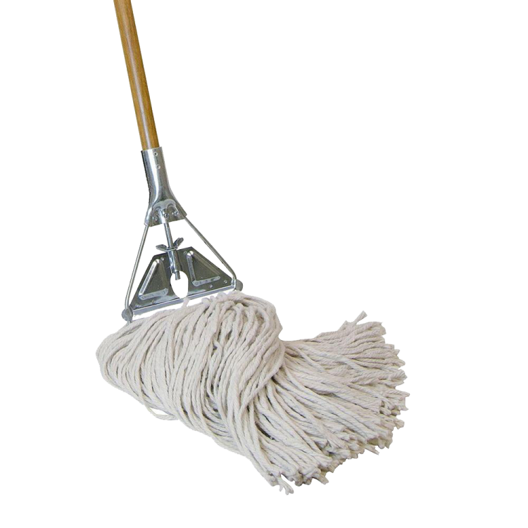 a white mop with a wooden handle