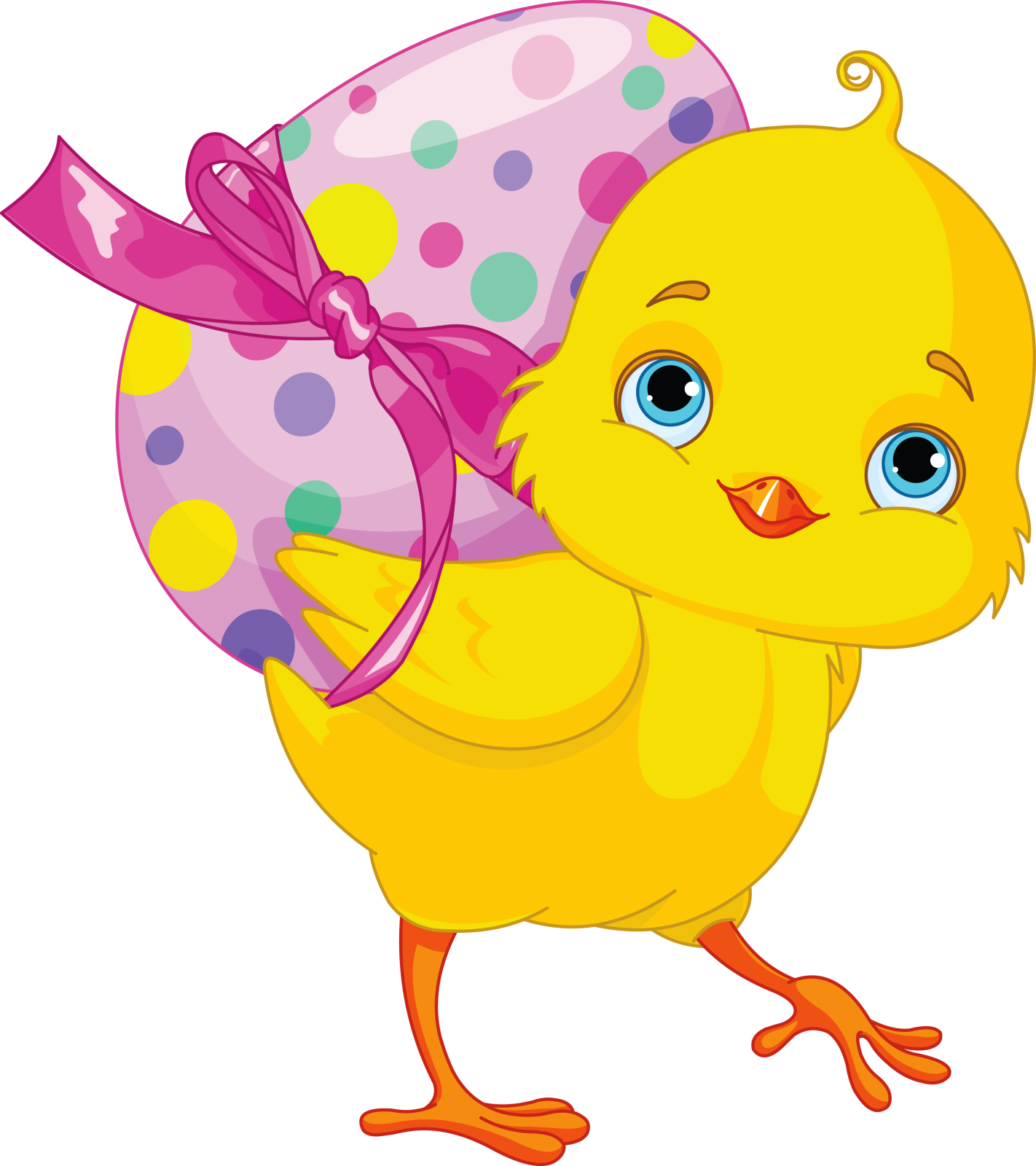 a yellow chick carrying a large easter egg
