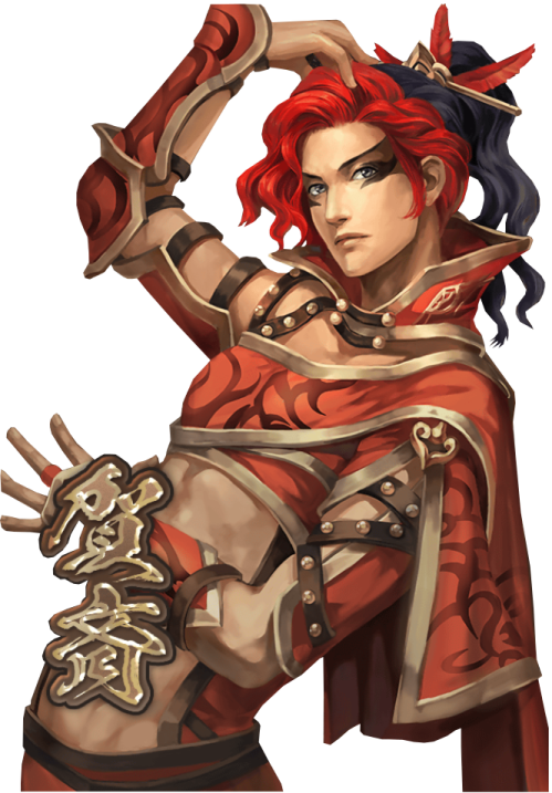 a drawing of a woman with red hair, wearing a red outfit and holding a sword