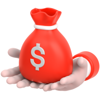 a hand holding a red bag with a dollar sign
