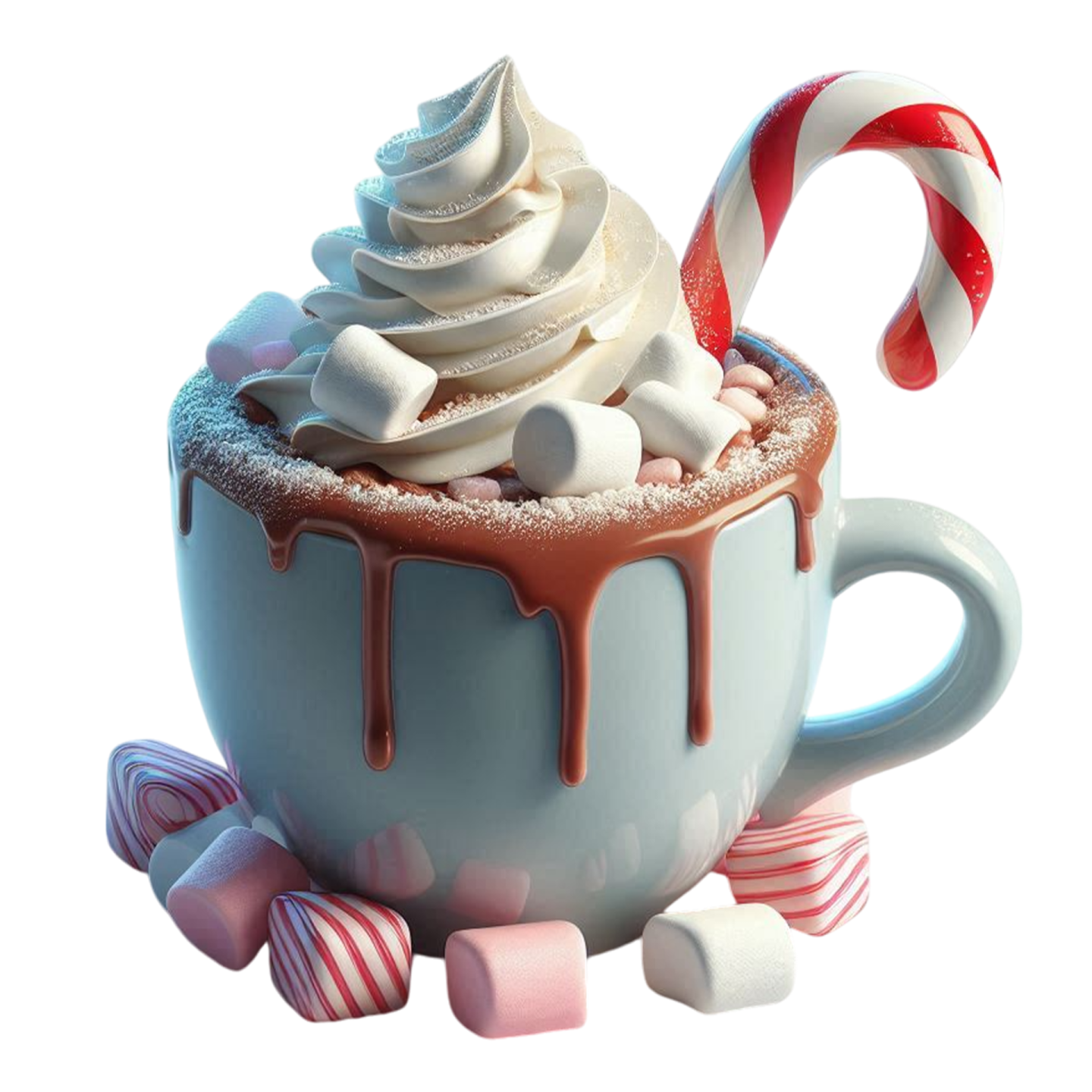 a cup of hot chocolate with marsh and candy