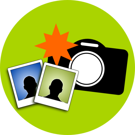 a camera and two photos on a green circle