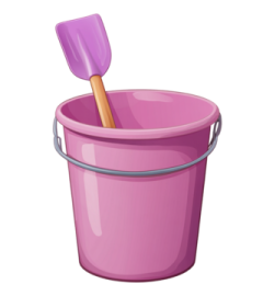 a pink bucket with a shovel in it