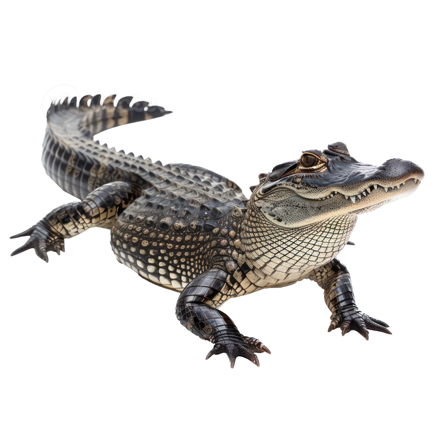 an alligator in front of a white background