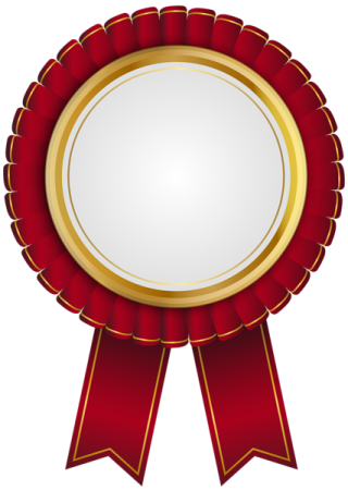 a red and gold award ribbon with a white background