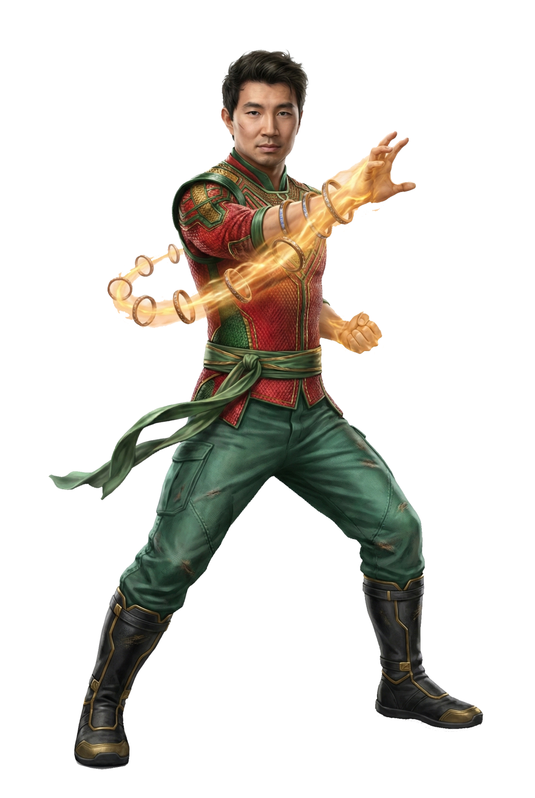 a young man in a green and red outfit