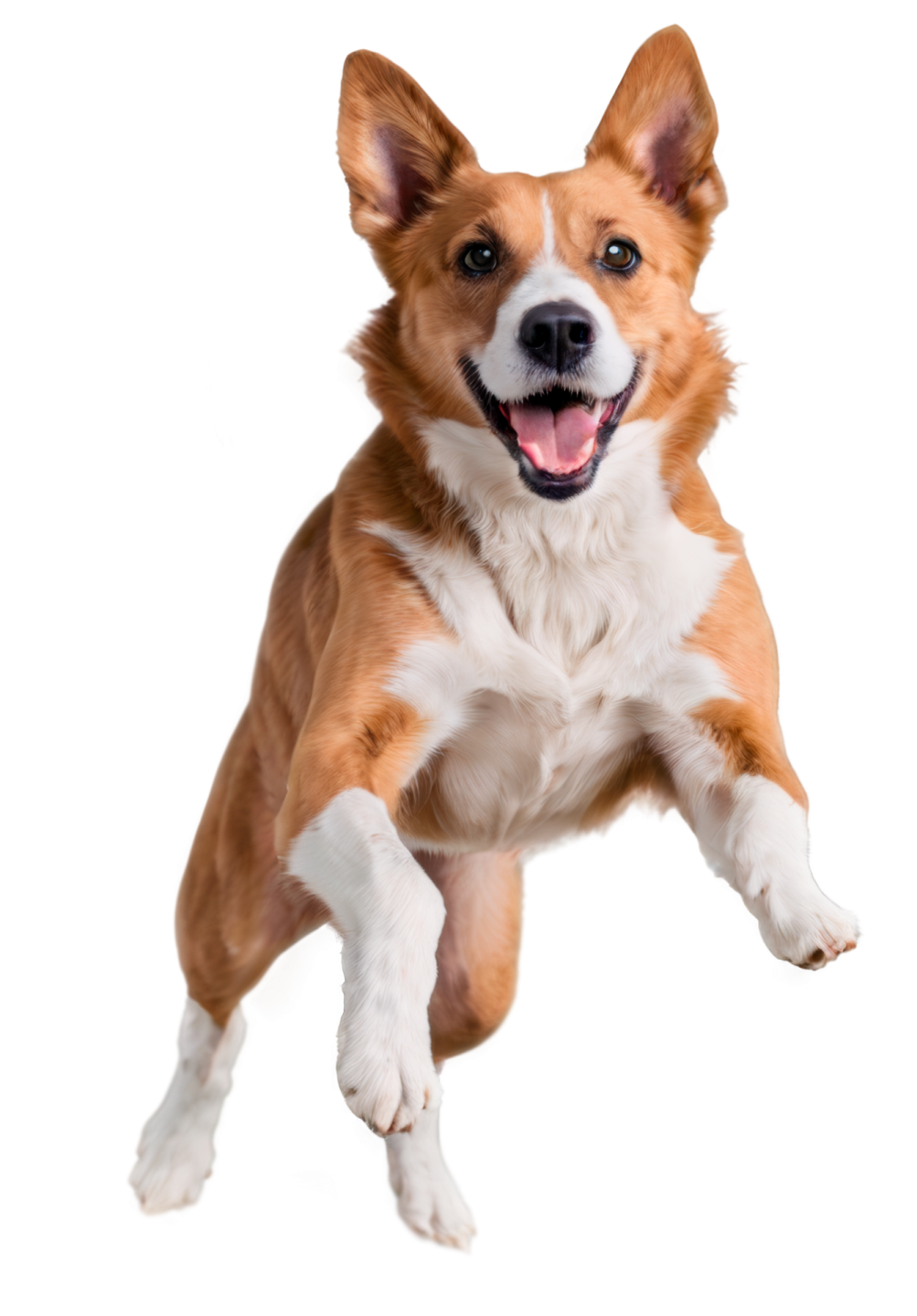 a brown and white dog is jumping in the air