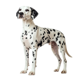 a black and white dog standing in front of a white background