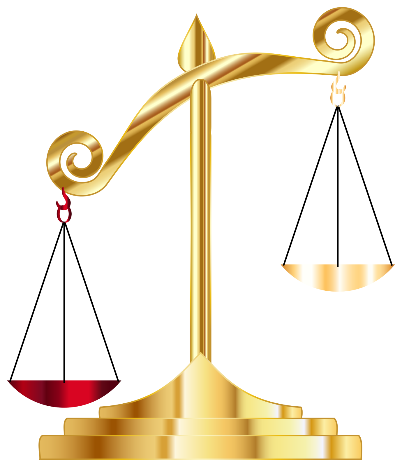 a gold balance scale on a white background