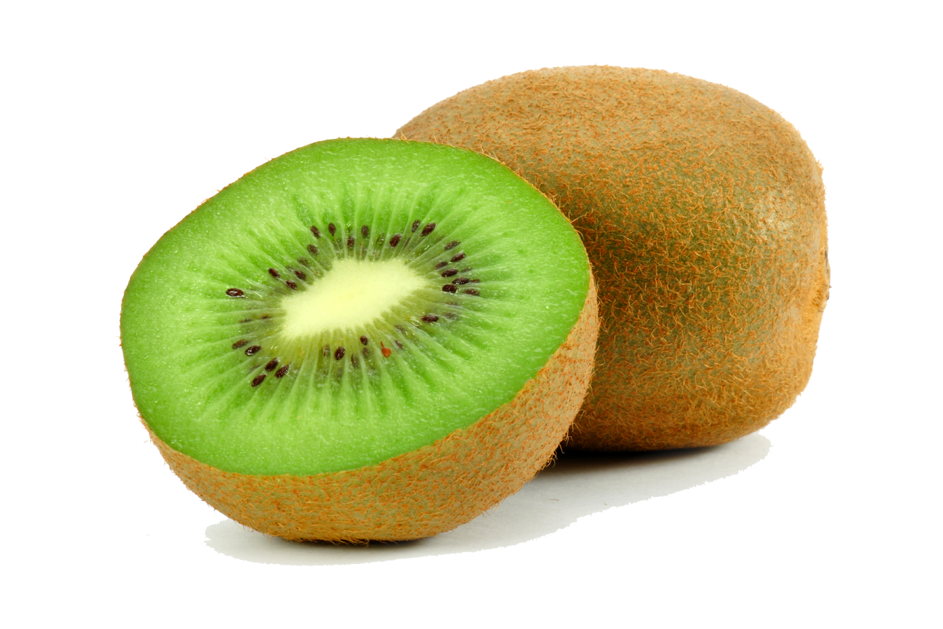 two kiwis cut in half on white background