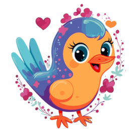 a cartoon bird with hearts and flowers around it