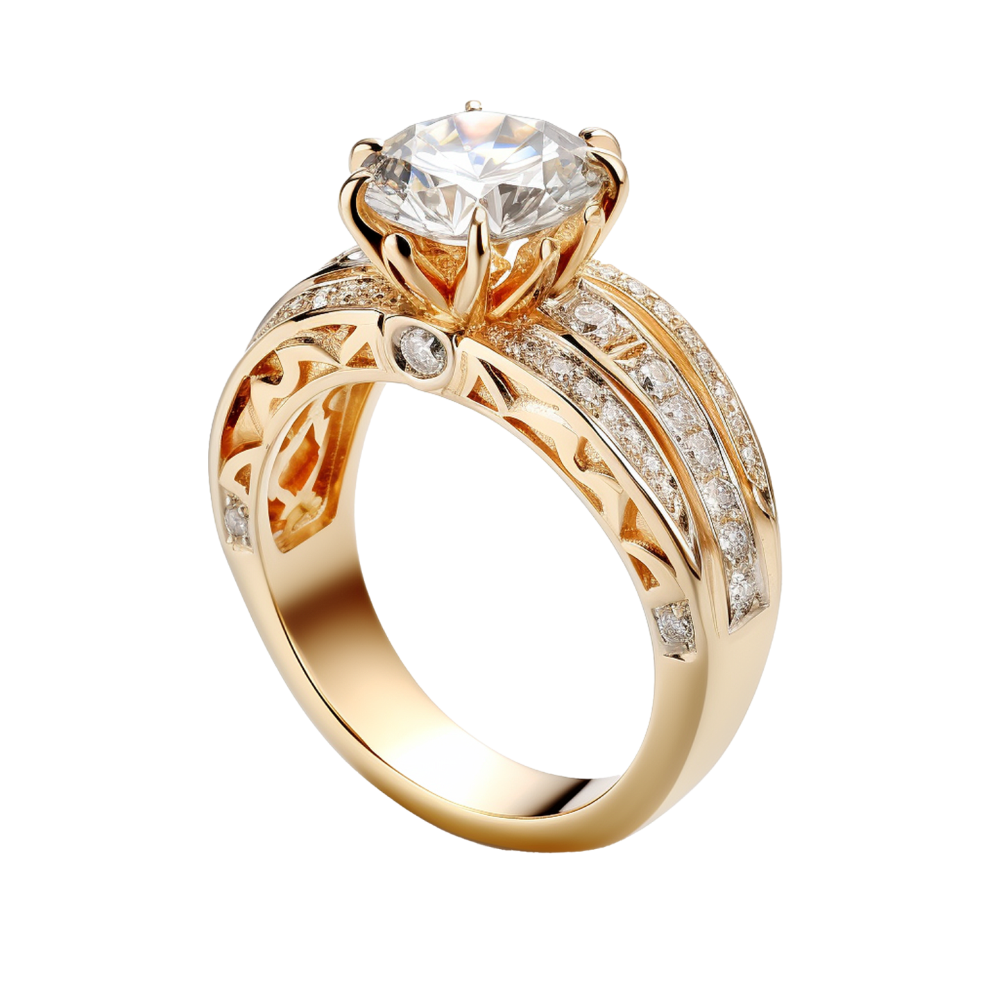 a yellow gold engagement ring with diamonds