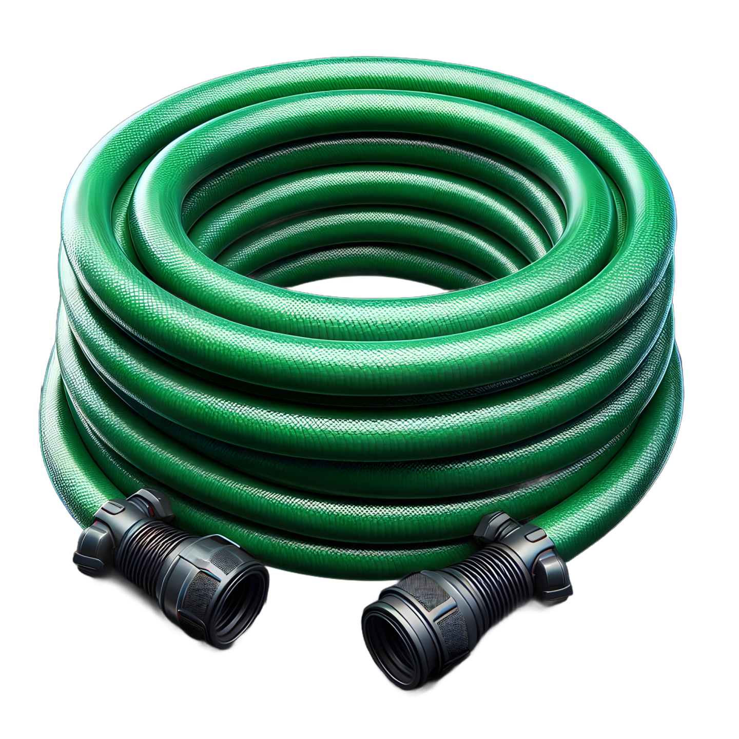 a green garden hose on a white background