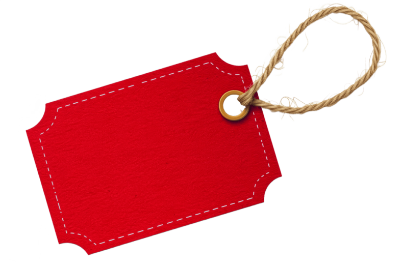 a red tag with white stitching on it