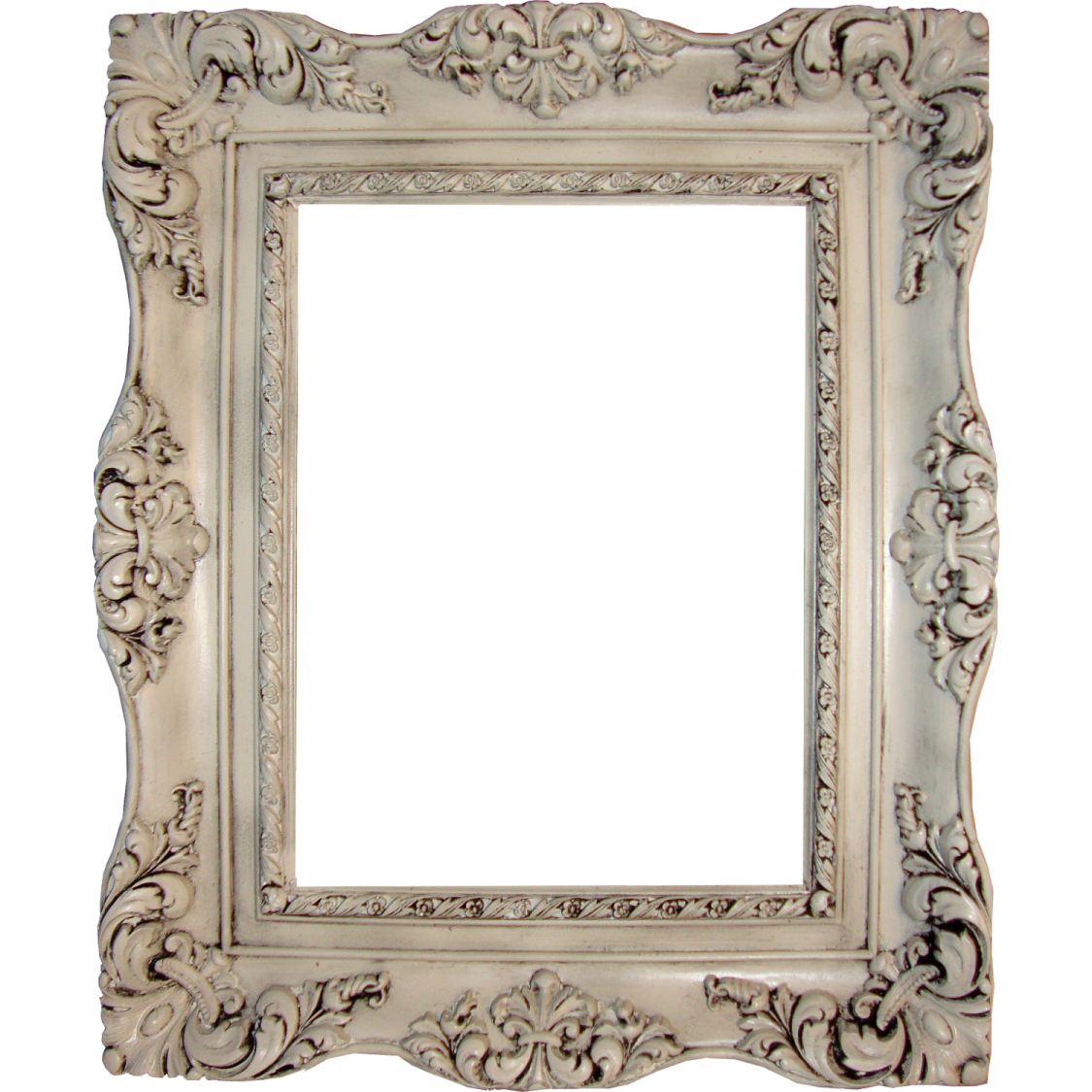 a white picture frame with an ornate design