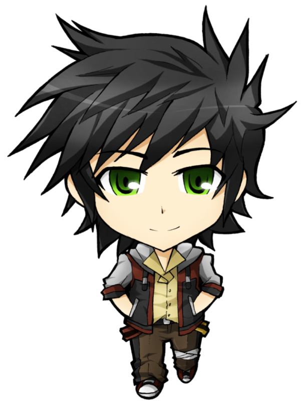 a drawing of a boy with black hair and green eyes