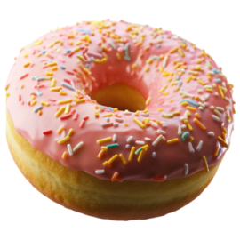 a donut with pink frosting and sprinng