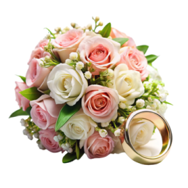 a wedding bouquet with pink and white roses
