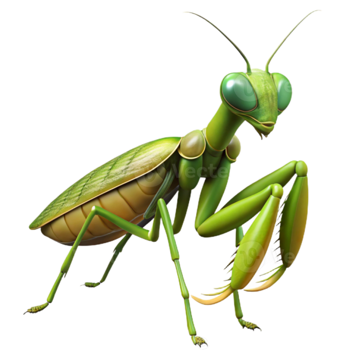 a green praying mantis on a white background