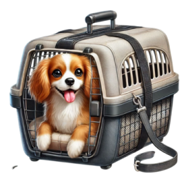 a dog in a carrier with its tongue out