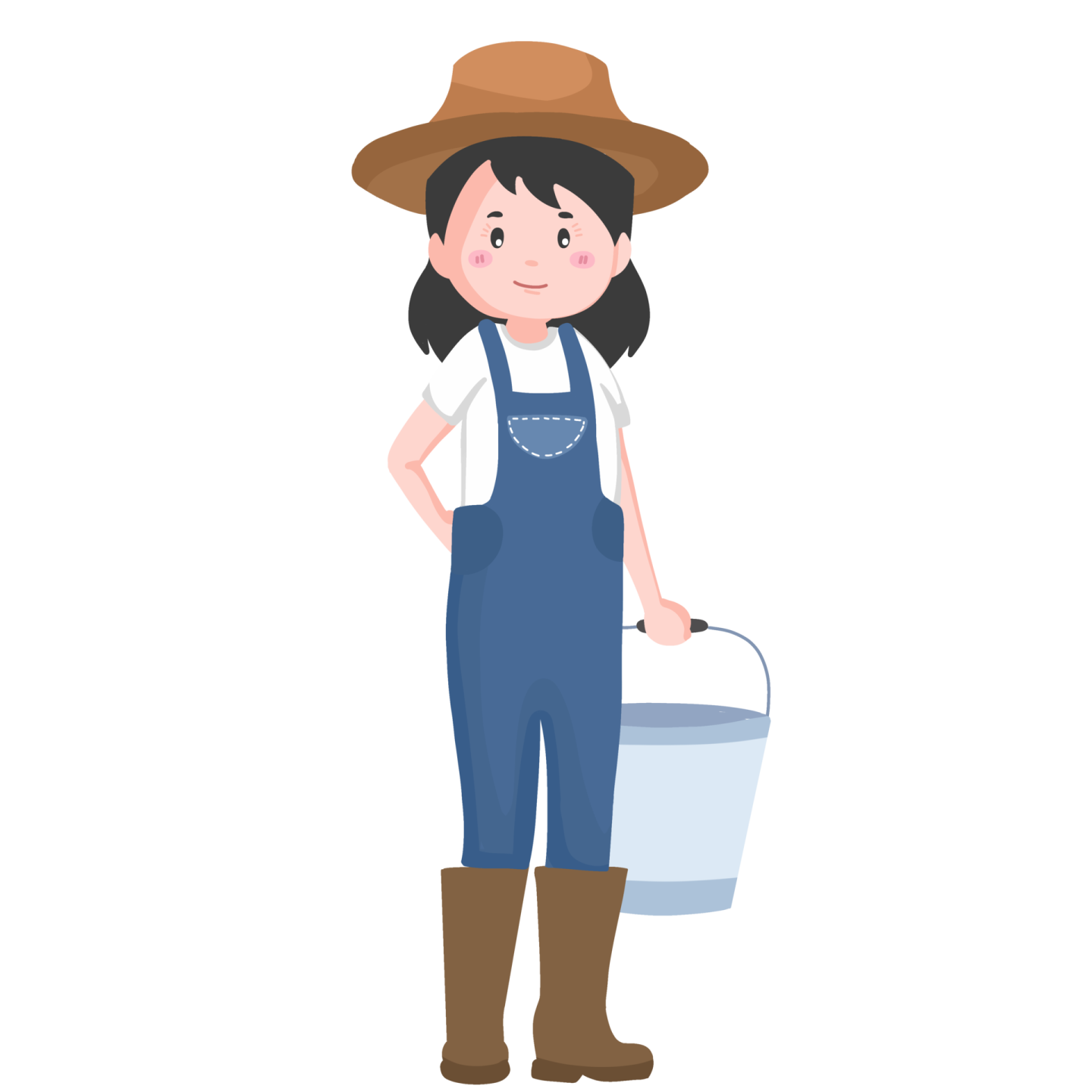 a woman in overalls and hat holding a bucket