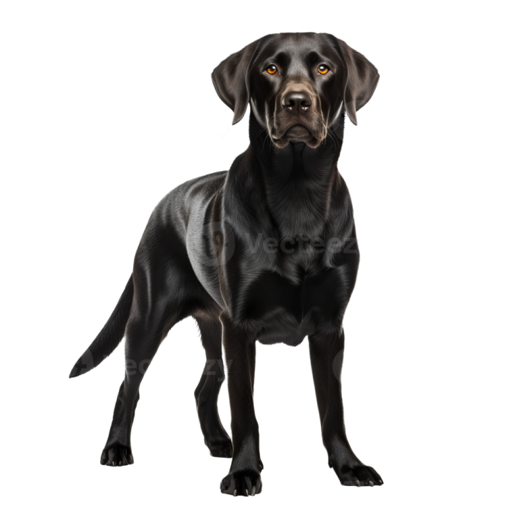 a black labrador dog standing in front of a white background