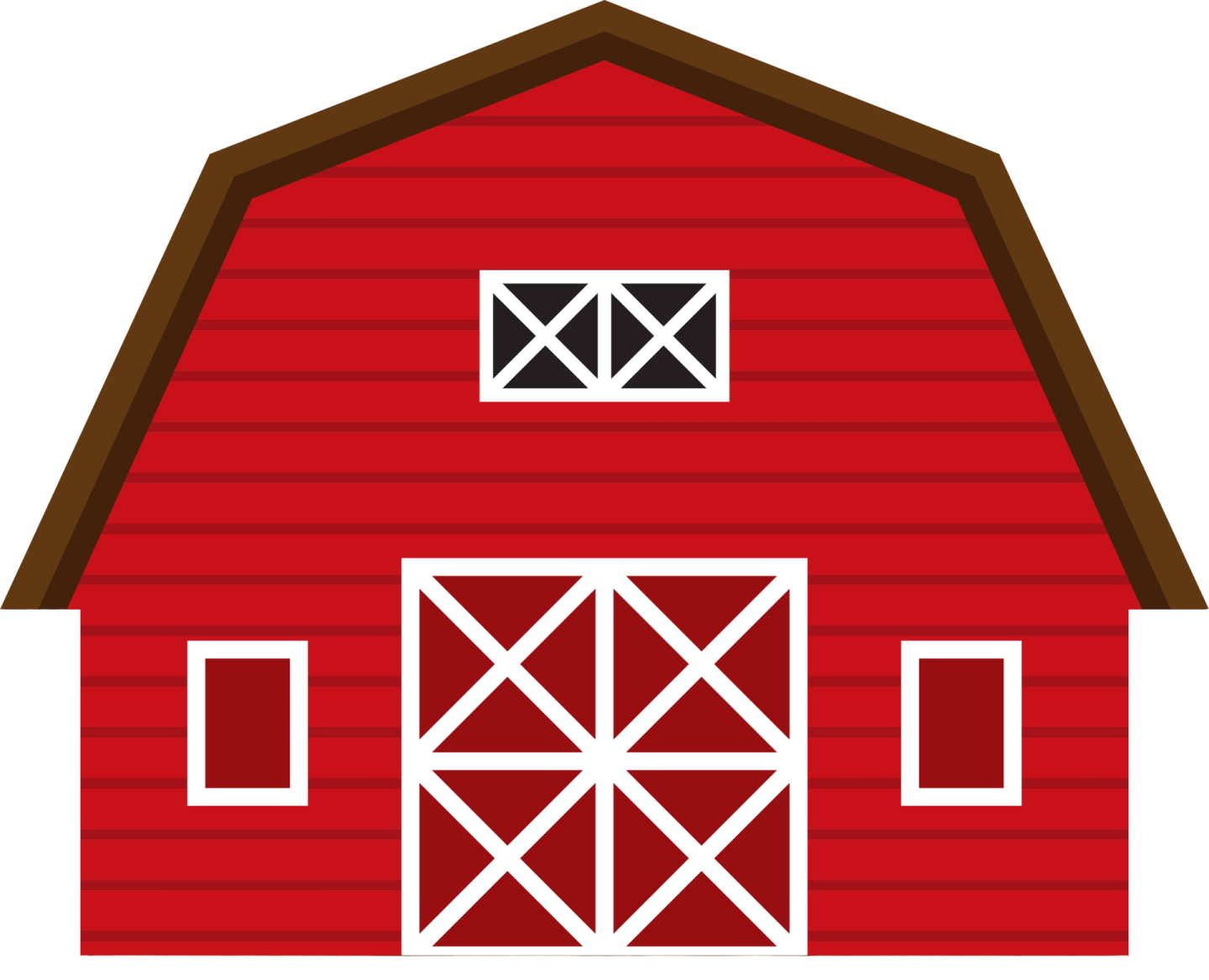 a red barn with two doors and three windows