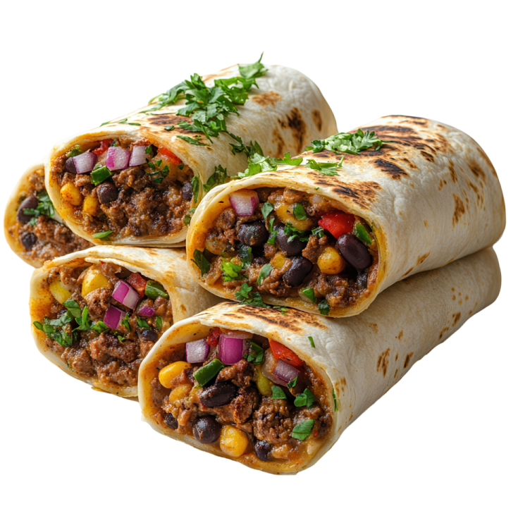 three burrs filled with meat and vegetables