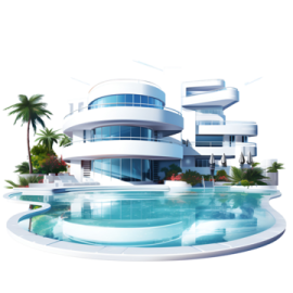 a house with a swimming pool and palm trees